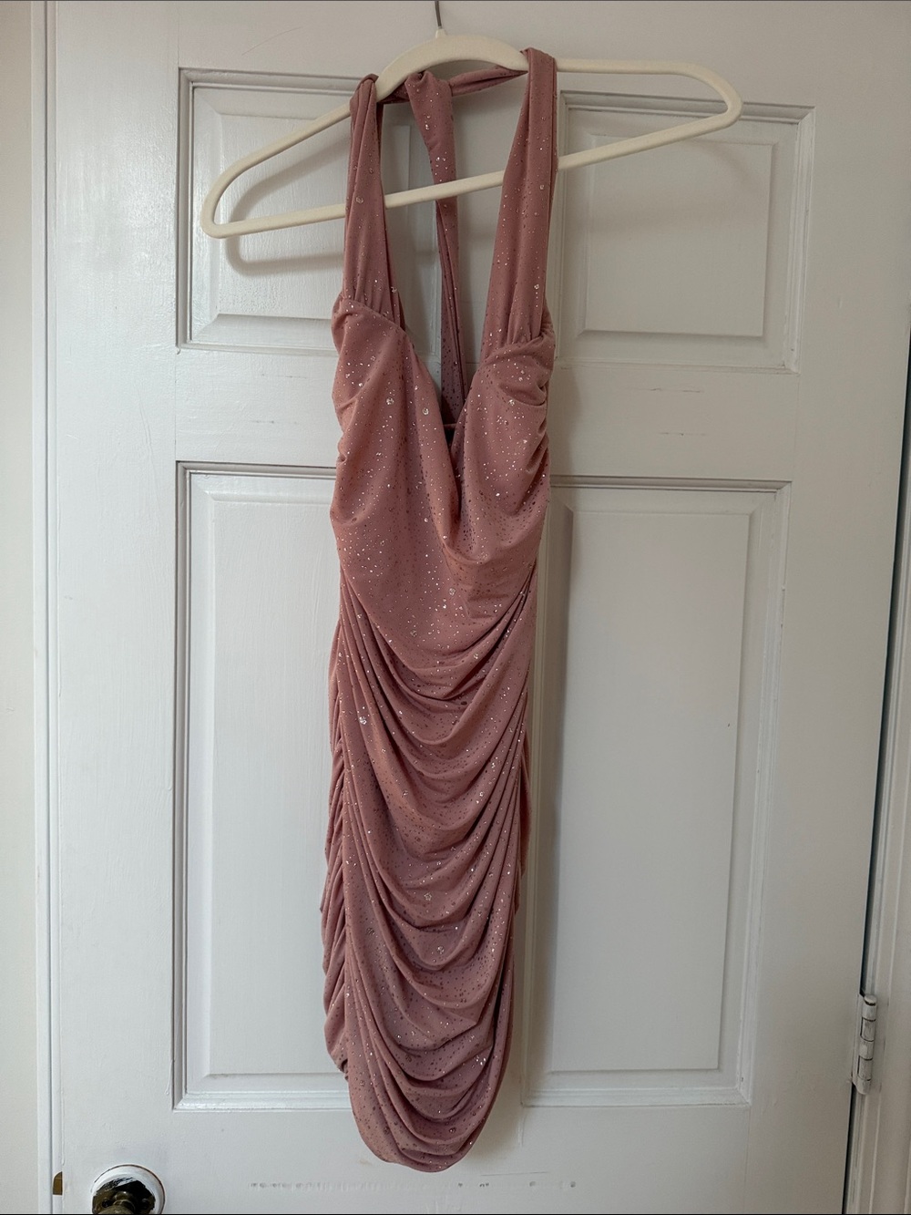 Lucy in the Sky Dusty Rose Sparkle Halter Ruched Mini Dress